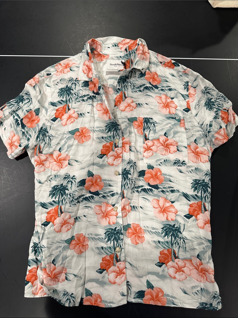 Goodthreads Men’s White Camp-Collar Button-Up with Coral Floral Print